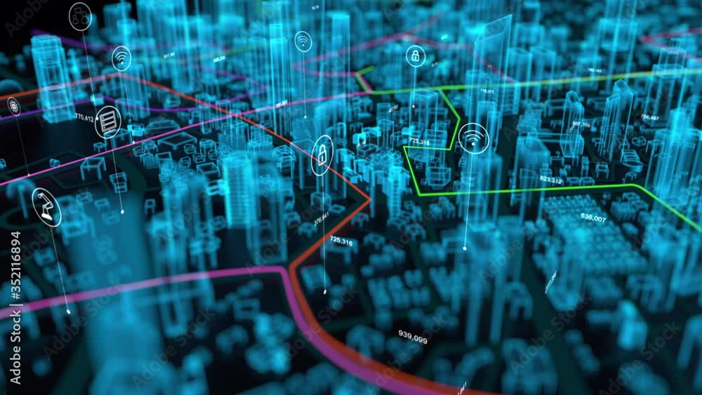 Poster 3d rendering aerial view of destination line moving pass through the hologram city, with the interne