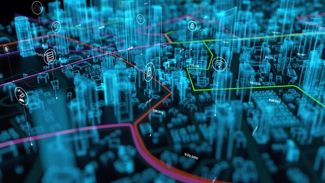 3D Rendering aerial view of destination line moving pass through the hologram city, with the internet of things icon, for GPS navigation and data transfer concept, shallow depth of field, dark and gra