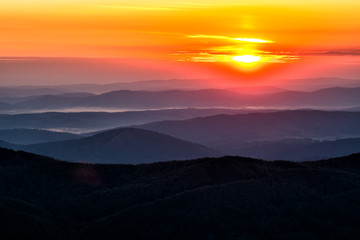 Wonderful sunrise in the mountains. A view from the Polonina Carynska. Bieszczady National Park. Carpathians. Poland.