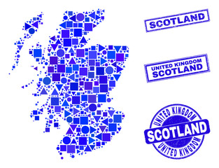 Vector mosaic Scotland map. Geographic plan in blue color hues, and rubber round and rectangle stamps. Abstract composition of Scotland map combined of round, triangles, square geometric items.