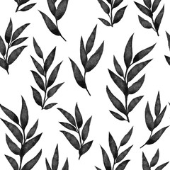 Floral seamless pattern. Hand drawn ink or watercolor leaves, black and white print for textile.
