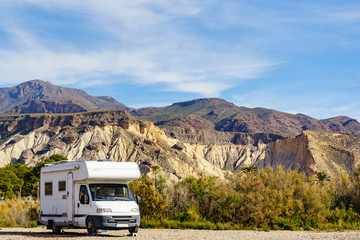 Rv camper in Sierra Alhamilla mountains, Spain. - obrazy, fototapety, plakaty