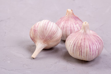 Three heads of garlic close-up on a gray background