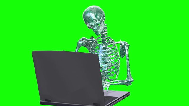 4k 3d animation of a silver skeleton typing on a laptop computer against a green screen background