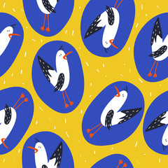 Seamless pattern, birds, hand drawn overlapping backdrop. Colorful background vector. Cute illustration, seagulls. Decorative wallpaper, good for printing - 352121682