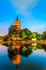 Night view of Changzhou Chinese pagoda..