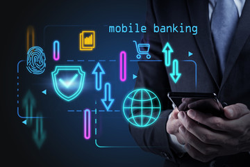 Fototapeta na wymiar Businessman with phone, mobile banking interface