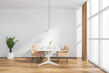 Panoramic white dining room with beige chairs