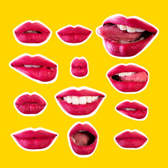 Set of seductive beautiful female lips with different emotions. Emotional woman's mouth gestures, collage in magazine style over vivid yellow background. Isolated girl's smiles