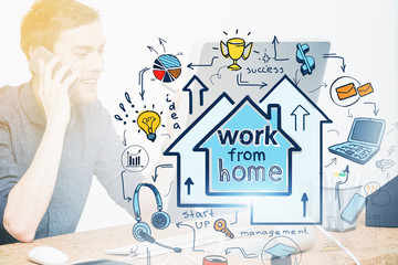 Smiling man on phone, work from home concept