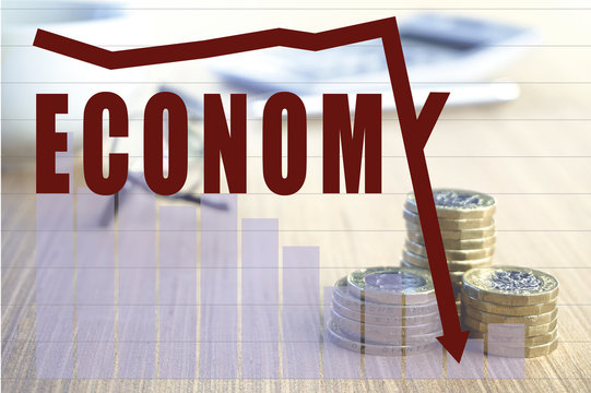 Economy word with line chart intersecting and coins over bar chart