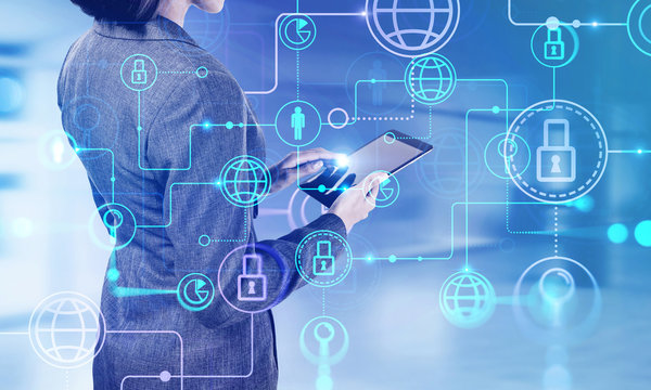 Woman with tablet, business interface