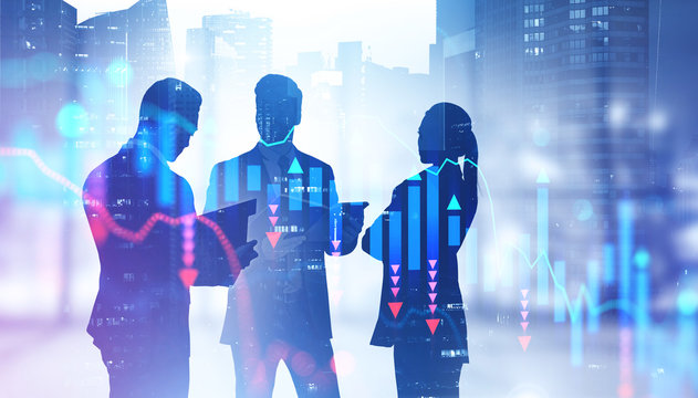 Business people in office, falling graph