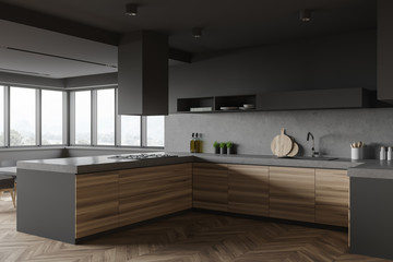 Gray and wood kitchen corner with countertops