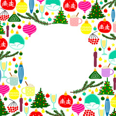 Fototapeta na wymiar New Year illustration with place for text. Set of colored Christmas balls, trees, stars, branches, candles, berries, champagne, prosecco, eggnog, snowflakes in frame isolated on a white background