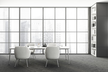 Panoramic grey dining room with bookcase