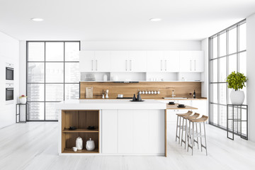 Panoramic white kitchen with bar