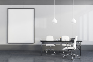 White and grey CEO office with poster
