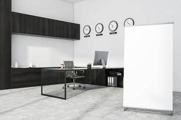 White and wooden CEO office, clocks and billboard