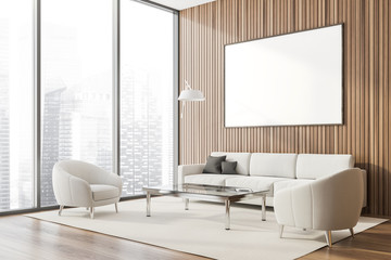 Panoramic wood lounge corner, poster and sofa