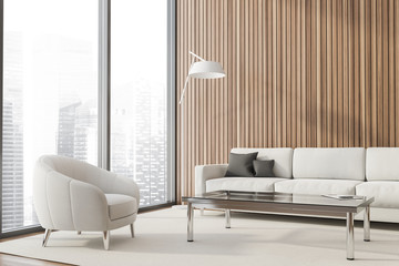 Wooden lounge corner with sofa and armchairs