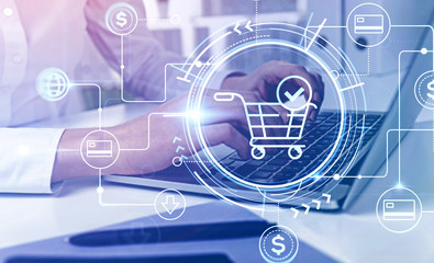 Businesswoman typing, online shopping interface