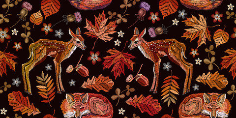 Embroidery, forest deers, sleeping red flox and autumn leaves horizontal seamless pattern. Classical september floral art. Fashionable template for design of clothes © Matrioshka