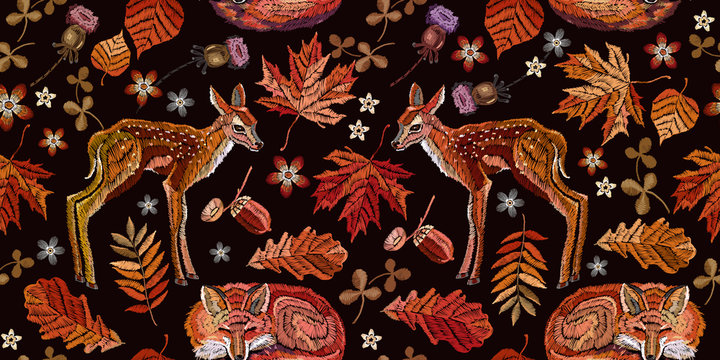 Embroidery, forest deers, sleeping red flox and autumn leaves horizontal seamless pattern. Classical september floral art. Fashionable template for design of clothes