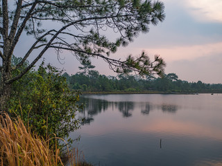 Obraz na płótnie Canvas Sunrise Scenery view at reservoir on Phu Kradueng mountain national park in Loei City Thailand.Phu Kradueng mountain national park the famous Travel destination