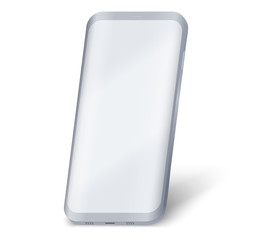 Smartphone UI presentation mockup. Example frameless gray model smartphone with touchscreen showcase in perspective. Technology application mockup. Vector Illustration isolated on white background.