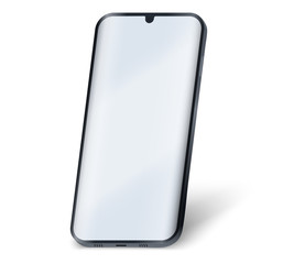 Smartphone UI presentation mockup. Sample frameless black model smartphone with notch and touchscreen showcase in perspective. Technology application mockup. Vector Illustration
