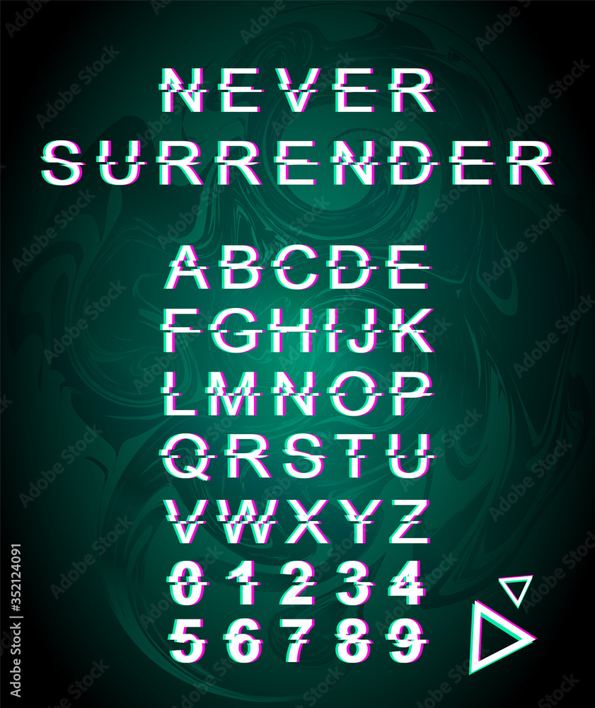 Poster never surrender glitch font template. retro futuristic style vector alphabet set on mint iridescent 