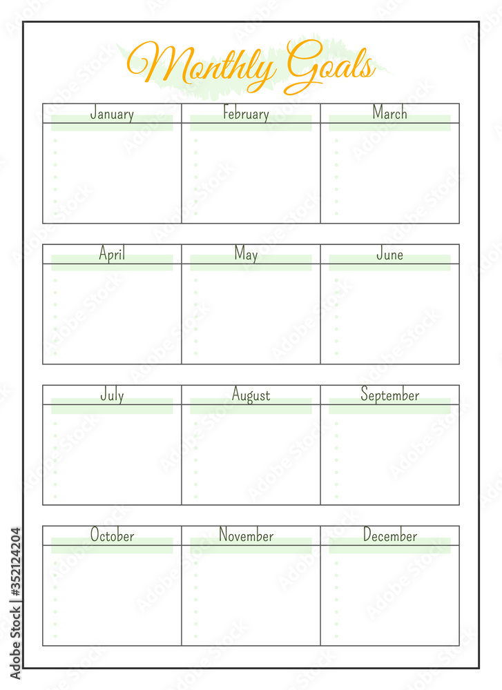 Poster annual monthly goals minimalist planner page design. schedule grid for timetable plan. event memo. t