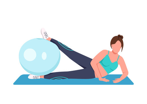 Woman training with swiss ball flat color vector faceless character. Home fitness. Sportswoman working out with stability ball isolated cartoon illustration for web graphic design and animation