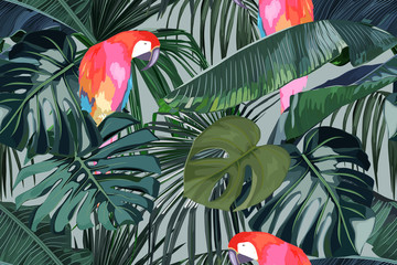 Tropical seamless pattern with palm tree and parrot. Vector illustration. Summer background