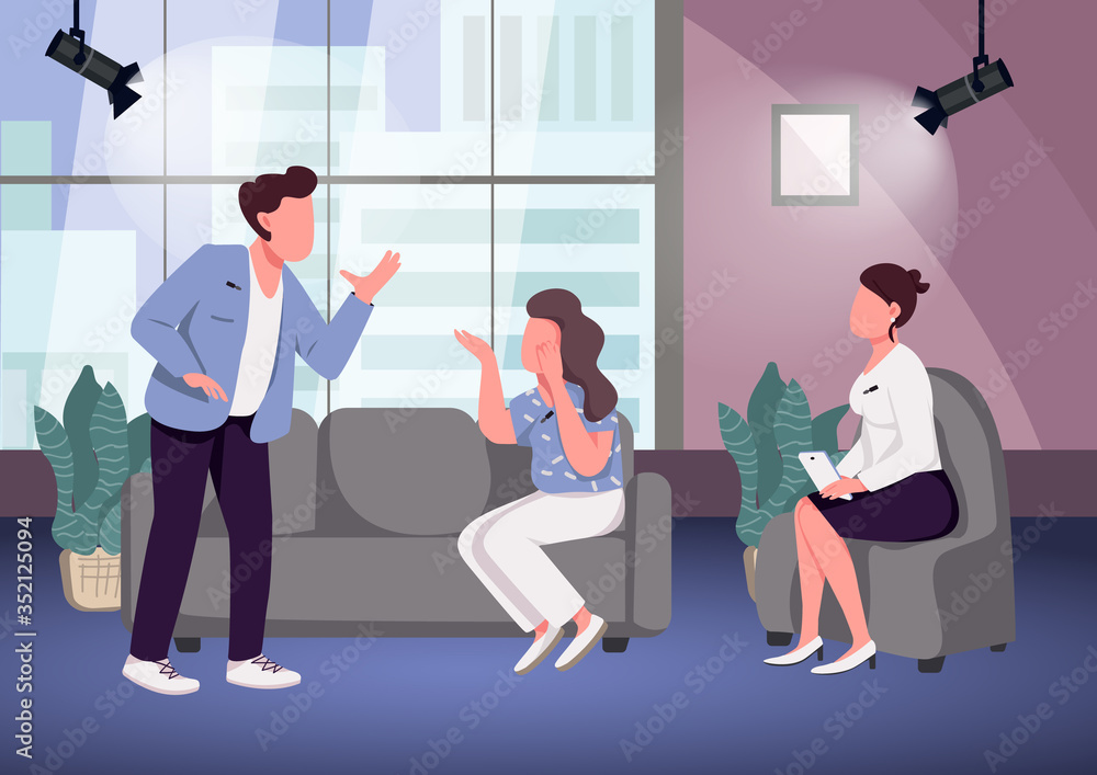 Aufkleber conflict at talk show flat color vector illustration. chat show host and arguing guests 2d cartoon c