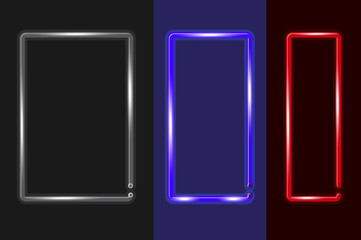 Three vertical frames of different widths glowing neon sign or LED strip light on dark background. Vector art