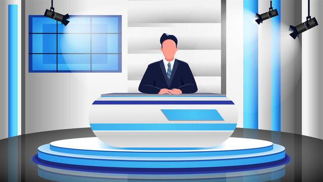 News program flat color vector illustration. Male newscaster, newsreader, anchorman 2D cartoon character with studio on background. Professional news presenter in spotlights. Television broadcast