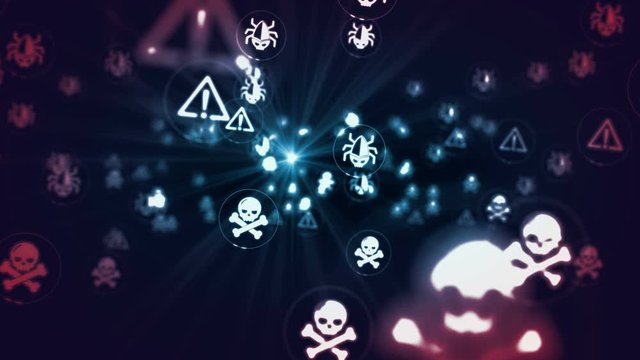 Cyber crime, skull, virus, security alert, theft, infection, hacking attack and computer protection symbols 3d rendering abstract concept animation. Cyber icons loopable seamless digital background.