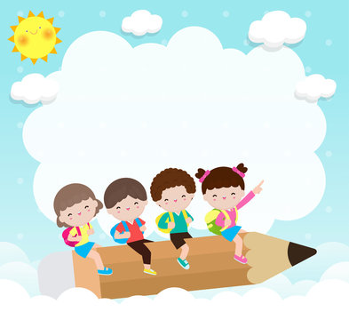 Back to school, group of cartoon Children flying on pencil, kids riding big pencil in the sky, education concept poster vector illustration isolated on background