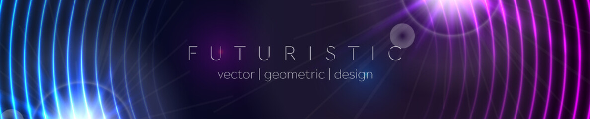 Abstract glowing banner with blue purple neon circles. Hi-tech futuristic vector background