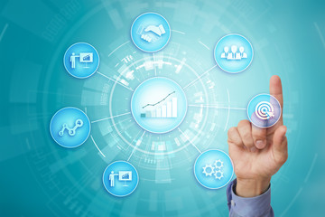 Business process and strategy concept on virtual screen background. Innovation and solutions for financial growth.