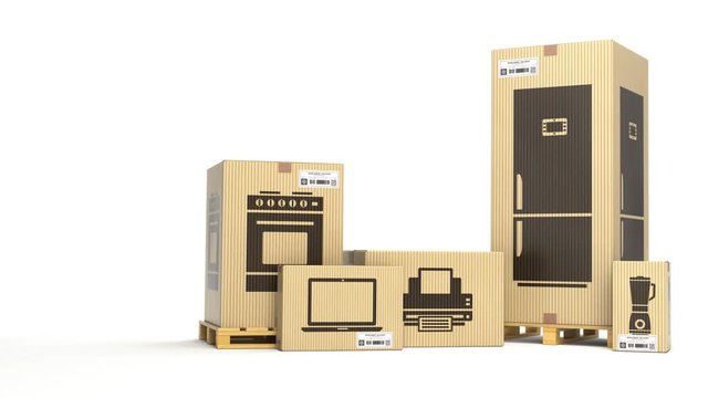 Home kitchen appliances and household electronics in cardboard boxes. E-commerce, internet online shopping and delivery concept. 3d animation