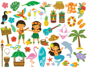 Tropical clipart set. Hawaii hula dancers, Beach related items and other cartoons for summer. - obrazy, fototapety, plakaty