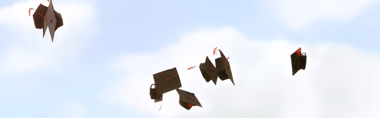 Graduation hats in air outdoors. Banner design