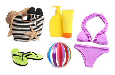 Set of different stylish beach objects on white background