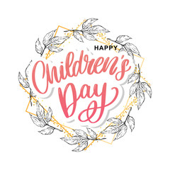 happy children's day, cute vector greeting card with funny letters in scandinavian style and cartoon landscape