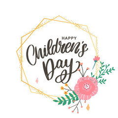 happy children's day, cute vector greeting card with funny letters in scandinavian style and cartoon landscape