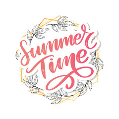 Green summer time letter flowers in modern style on colorful background. Greeting invitation vector illustration. Floral bouquet decoration. Decoration element.