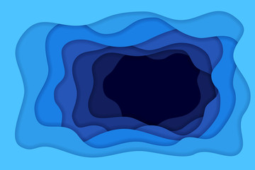 Paper underwater sea with waves and deep effect. Origami style marine background. Vector illustration.